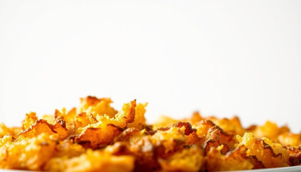 High-quality, crisp image of air fryer hash browns in the foreground, with a clean white background. The hash browns should be evenly browned, with a crunchy exterior and fluffy interior. Capture the texture and details of the hash browns in vivid clarity, using a shallow depth of field to make them the focal point. Soft, natural lighting from the left side, creating warm highlights and shadows that accentuate the hash browns' form. The overall mood should be appetizing and inviting, conveying the healthier, homemade nature of air fryer hash browns.
