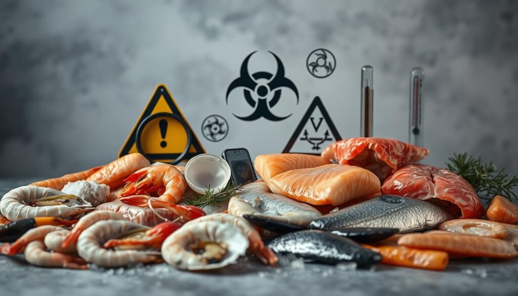 Seafood health concerns: A still life in muted tones depicting various seafood items, such as shrimp, oysters, and fish fillets, alongside warning symbols and icons, including a magnifying glass, biohazard sign, and a thermometer. The foreground showcases the seafood, while the middle ground features the health-related icons, suggesting potential risks and concerns. The background is subdued, with a hazy, almost clinical atmosphere, emphasizing the seriousness of the topic. The lighting is soft and diffused, creating a thoughtful, introspective mood. The composition is balanced, with the seafood and icons arranged in a visually striking manner, drawing the viewer's attention to the potential health considerations surrounding the consumption of these marine delicacies.