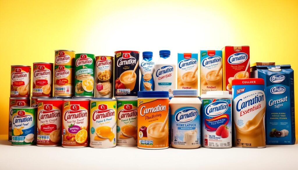 Vibrant still life showcasing the evolution of Carnation Breakfast Essentials. In the foreground, an assortment of classic Carnation cans and powdered drink mixes, each adorned with retro branding and design. Cascading behind them, a progression of modern Carnation shakes and nutritional supplements, their sleek packaging reflecting changing consumer preferences. In the background, a soft, warm lighting illuminates the scene, creating a nostalgic yet contemporary atmosphere. Compositionally balanced, this image captures the versatility and adaptability of the Carnation Breakfast Essentials brand over time.