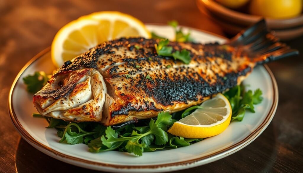 a beautifully plated blackened fish dish, with a crisp, dark crust and a moist, flaky interior. The fish is resting atop a bed of vibrant, fresh greens, garnished with lemon wedges and a sprinkle of chopped parsley. The lighting is warm and inviting, casting a golden glow over the scene. The composition is balanced, with the fish taking center stage, surrounded by complementary elements that enhance its visual appeal. The overall mood is one of rustic elegance, inviting the viewer to imagine the flavors and textures of this healthy, homemade blackened fish recipe.