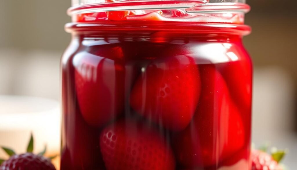 a close-up of a glass jar filled with rich, ruby-red strawberry jam, with vibrant whole strawberries visible through the glass. The jam has a glossy, glistening texture, and the jar is illuminated by soft, warm lighting, casting a gentle glow. The background is blurred, creating a focus on the jar and its contents. The composition emphasizes the jar's shape and the jam's natural beauty, showcasing its antioxidant-rich properties. The image evokes a sense of freshness, sweetness, and health.