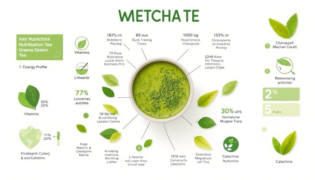 a detailed and labeled illustration of the nutritional profile of matcha green tea, showcasing its key vitamins, minerals, antioxidants, and other beneficial compounds in a clean, minimalist style. The image should feature icons, graphs, and infographic-style elements that highlight matcha's rich nutrient content, including high levels of L-theanine, vitamin C, chlorophyll, and catechins. The layout should be balanced and visually appealing, with a neutral color palette and a sense of depth and dimension. The overall mood should be informative and educational, conveying the health benefits of matcha in a clear and compelling way.