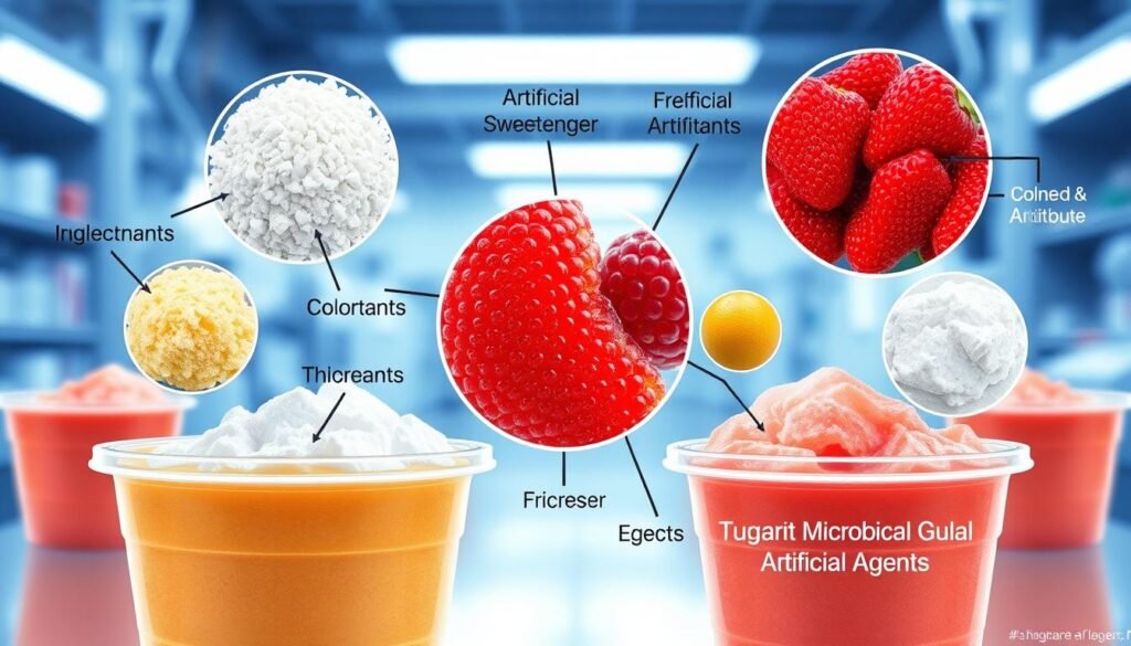 a detailed illustration of various food additives and preservatives commonly found in fruit cups, including artificial sweeteners, colorants, thickeners, and antimicrobial agents. The image should feature a clear foreground with close-up views of these ingredients, surrounded by a blurred background suggesting a laboratory or processing facility. Utilize a cool, clinical color palette and precise, technical lighting to convey a sense of scientific analysis. Angle the view to capture the ingredients from an objective, analytical perspective, without including any people or branding. Aim for a balanced composition that emphasizes the technical details of the additives while maintaining visual interest.