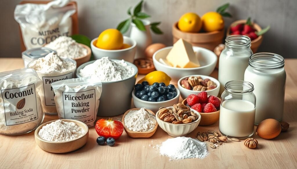 a photorealistic image of various gluten-free baking ingredients and alternatives arranged on a light wooden table. In the foreground, there are different types of flours such as almond, coconut, and rice flour, along with baking soda, baking powder, and xanthan gum. In the middle ground, there are bowls of eggs, butter, and milk alternatives like almond milk and coconut milk. The background features fresh fruits like lemons, berries, and citrus, as well as nuts and seeds. The lighting is soft and natural, creating a warm and inviting atmosphere. The overall composition is balanced and visually appealing, highlighting the variety of healthy, gluten-free baking options.